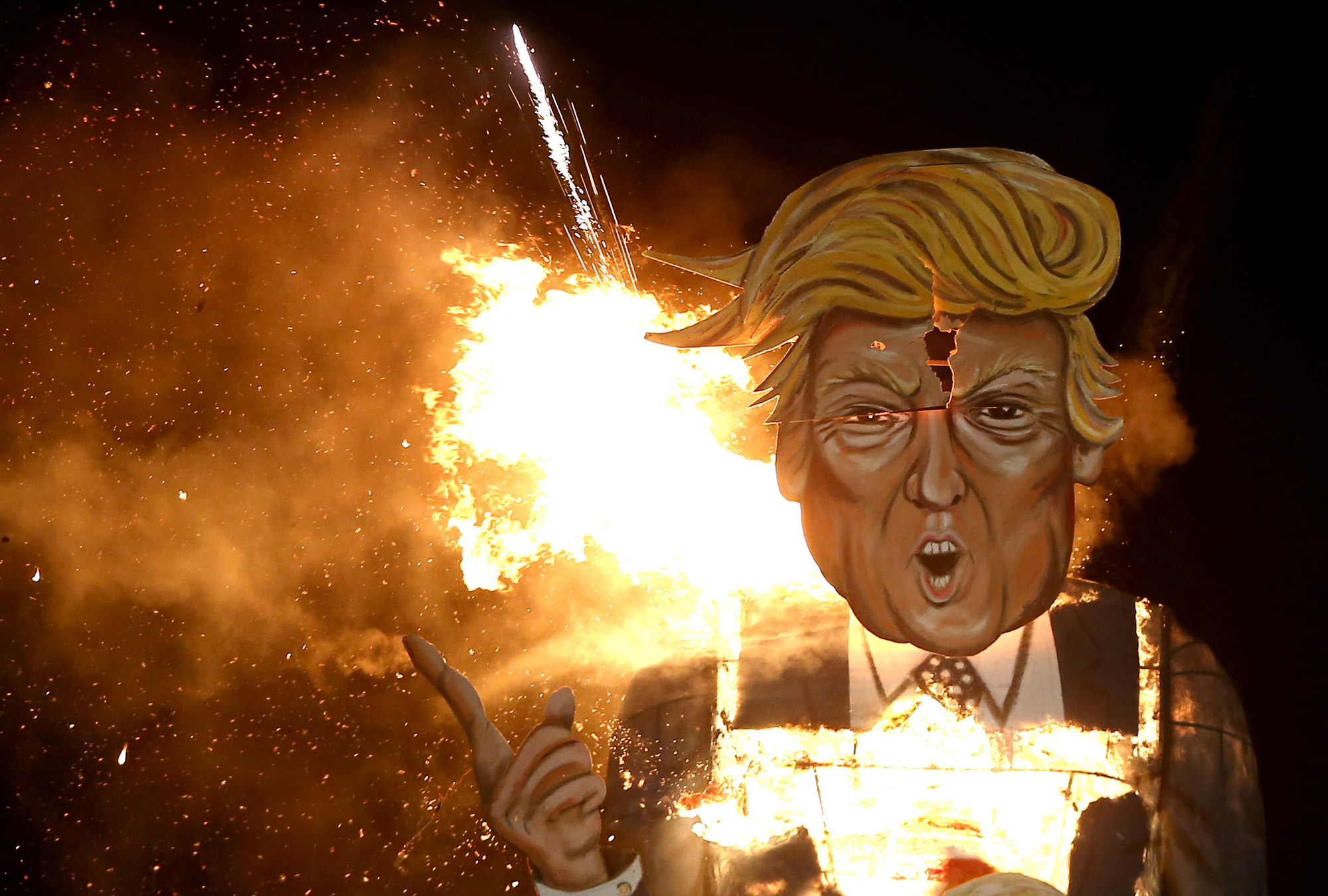 A burning effigy of Donald Trump.